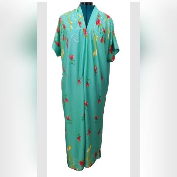 VNTG Anthony Richards Women's Hawaiian Muumuu Maxi Dress Teal Floral, Size XL - Picture 1 of 11